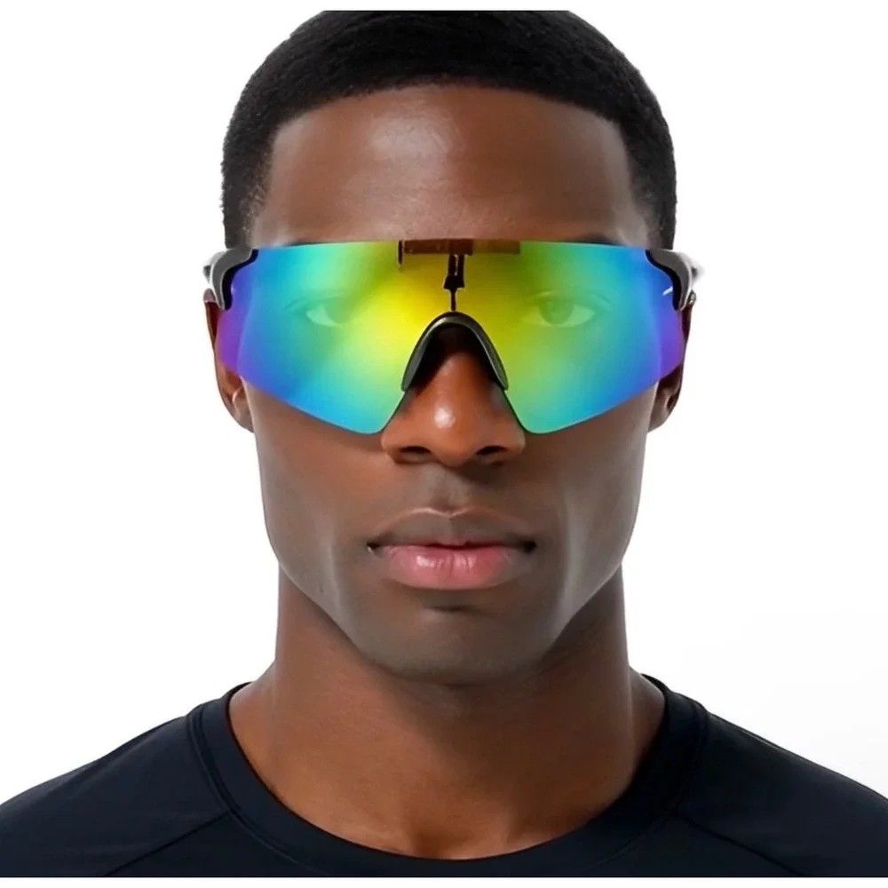 Mens Rimless Wrap Around Sport Sunglasses Iridescent Rainbow Shield Gunmetal New